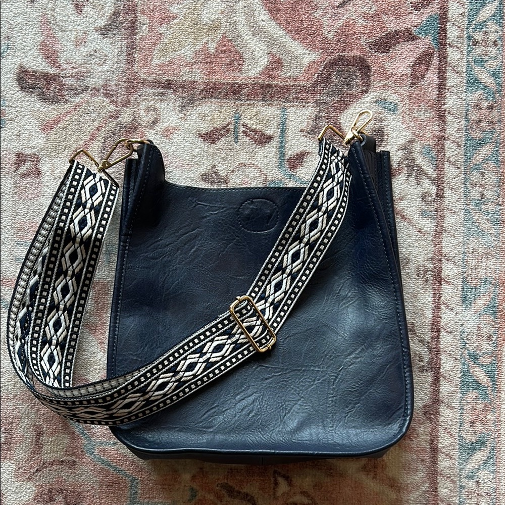 Ahdorned Navy Blue Vegan Leather Bag with Patterned Strap